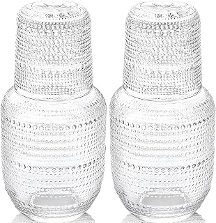ZOOFOX Set of 2 Vintage Bedside Water Carafe and Glass Set, Clear Embossed Night Water Carafe with Tumbler Glasses, Elegant Pitcher and Matching Drinking Glass, Easy-Access for the Night