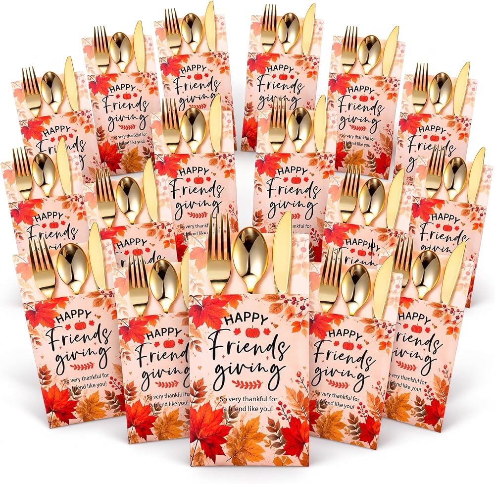 Qinyoung 24 Sets Friendsgiving Cutlery Holder with Plastic Ware, Gold — 사진 1