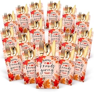 Qinyoung 24 Sets Friendsgiving Cutlery Holder with Plastic Ware, Gold