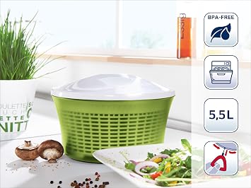 Leifheit Comfortline Signature Salad Spinner Ergonomic Left/Right-Handed Spin, Non-Slip Base, Fast Gentle Drying, Multi-Use Bowl for Serving, Durable Hygienic White Plastic Design