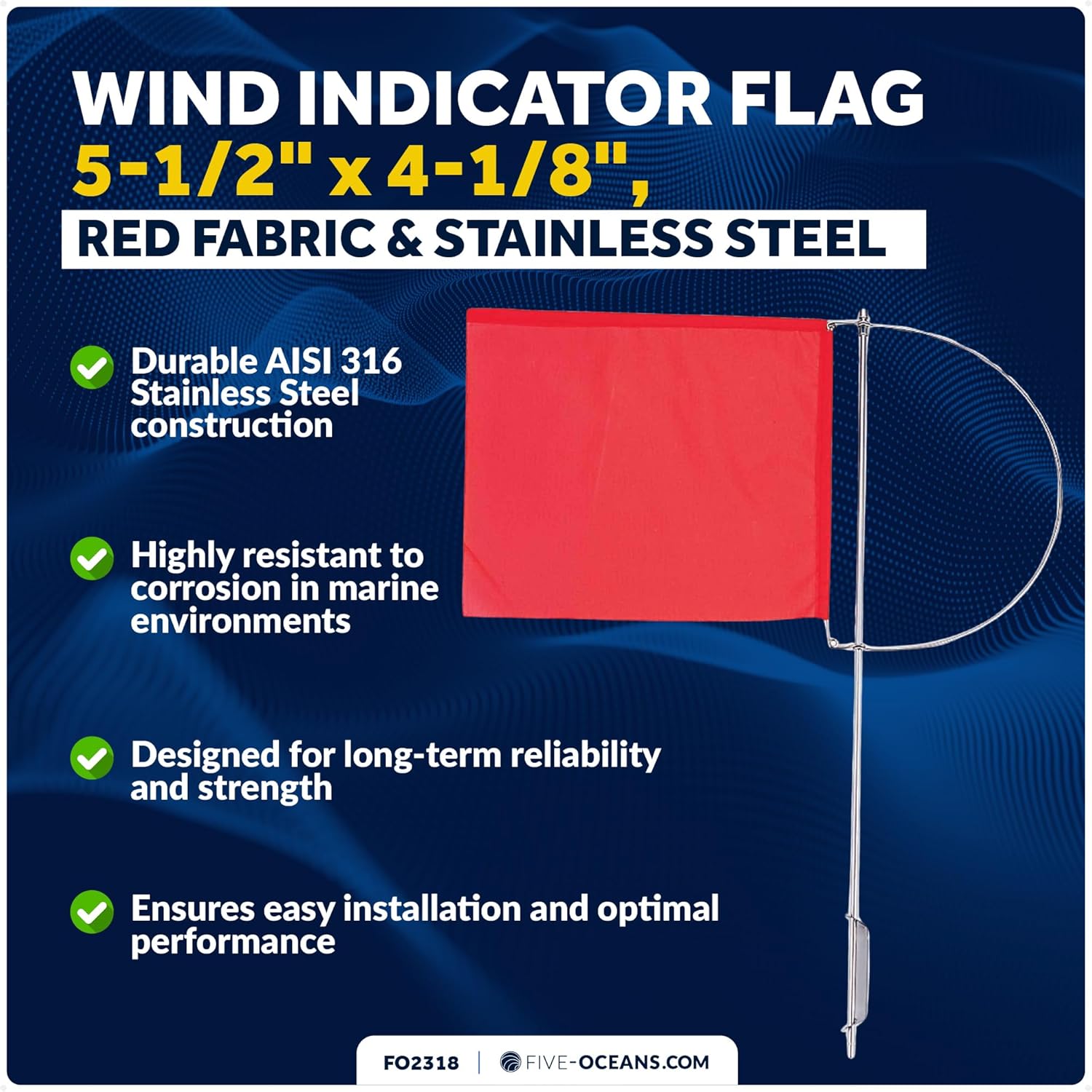 Five Oceans Wind Indicator Flag, 5-1/2-inch x 4-1/8-inch, Red Fabric & Stainless Steel, for Small Boats Dinghies, Optimist - FO2318