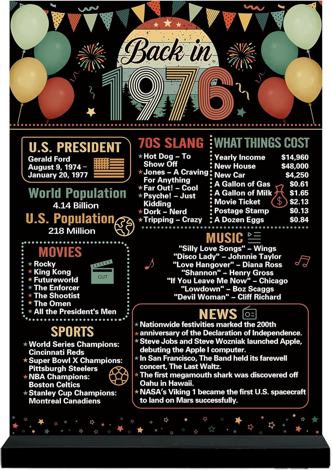 Trgowaul 51st Birthday Decorations Women Men, Black Colorful Back in 1976 Birthday Poster Acrylic Table Sign with Stand, 51 Anniversary Decor Gifts for Men, Vintage 1976 Supplies 51 Birthday Decor - Image 2