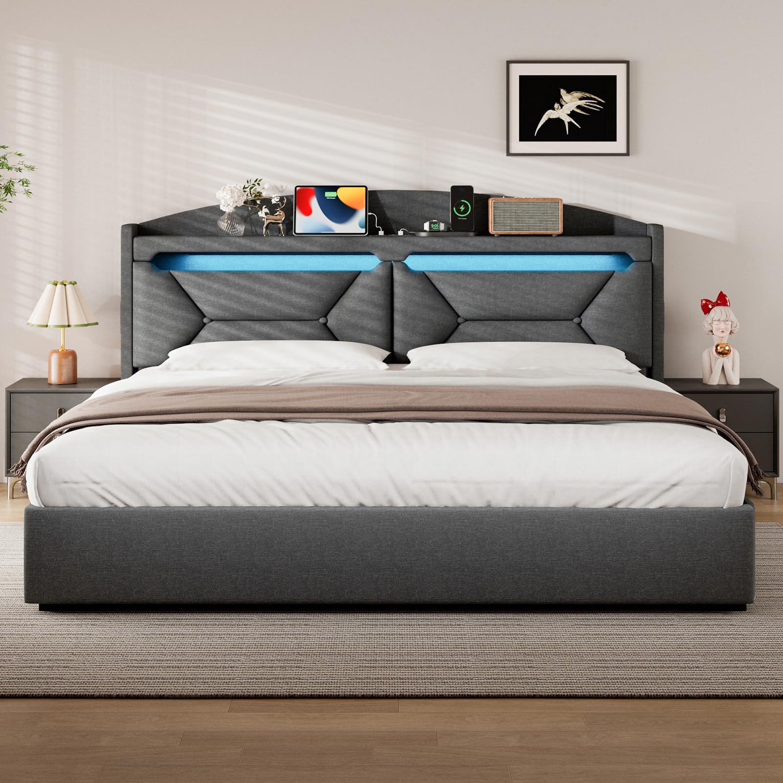 Polsterbett Doppelbett 180x200 cm mit LED, USB C, Hydraulische Bett mit Stauraum und Kopfteil, Stauraumbett Bettgestell mit Metallrahmen Bettkasten und Lattenrost, Leinen, Grau, Ohne Matratze