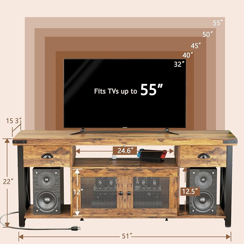 TV Stand for TV up to 55 Inches,Farmhouse Entertainment Center with 2 Drawers & Storage Cabinets, Industrial Media Console Table with Small Speaker Stand for Living Room, Bedroom, Rustic Brown image 2