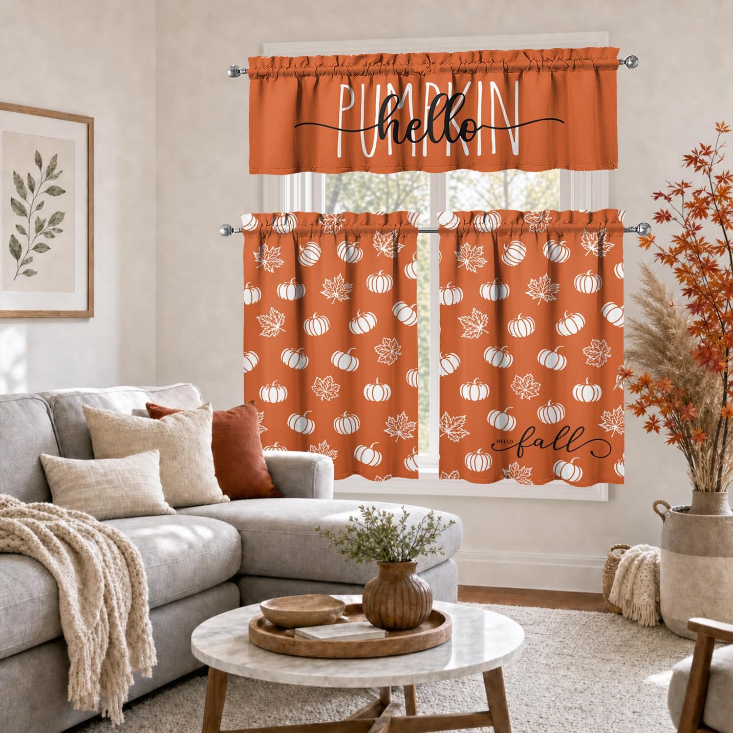 Fall Pumpkin Kitchen Curtains 3 Piece Set Tier Valance