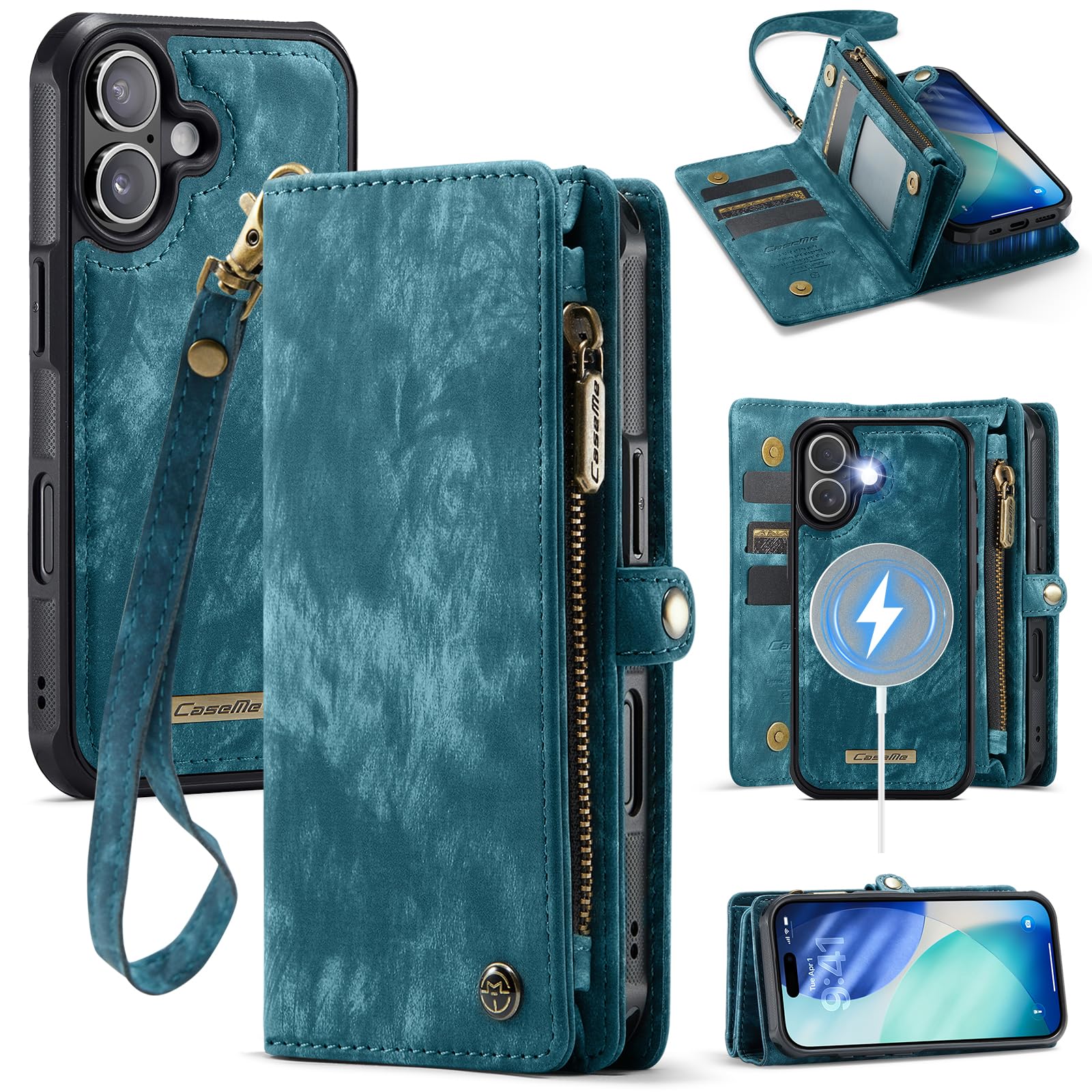 Etui portfelowe na iPhone'a 17 z 8 przegródkami na karty, magnetyczne zamknięcie, kieszeń na zamek błyskawiczny, odpinane magnetyczne etui 2 w 1, wysokiej jakości skóra PU, z paskiem na