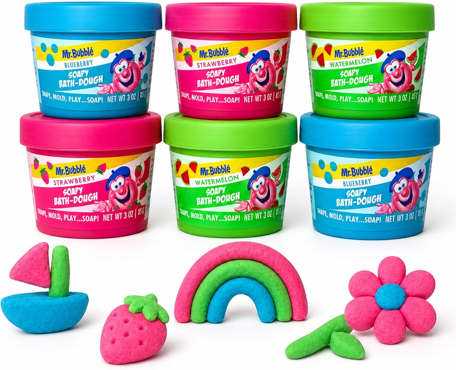 Mr. Bubble Soapy Bath Dough, Three Assorted Colors and Scents, Pack of 6