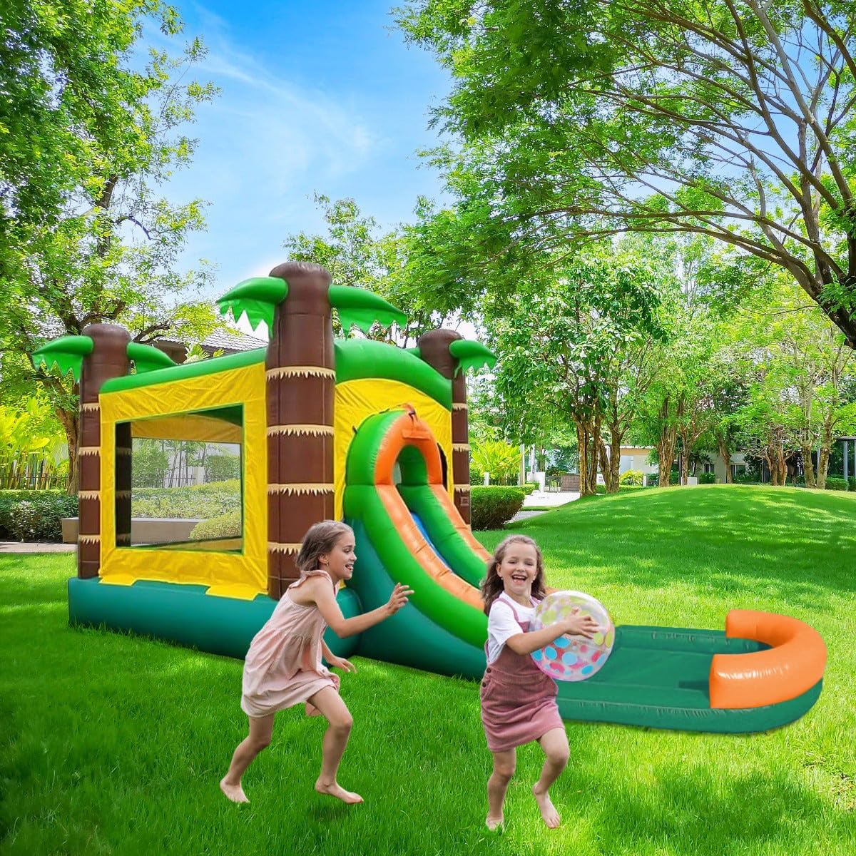 Bounce House with Inflatable Water Slide for Kids, Backyard Commerical Tropical Castle Outdoor Playhouse Bouncer with Splash Pool, Includes Blower, Anchor Stakes and Storage Bag, 26.5 x 12 x 14.5