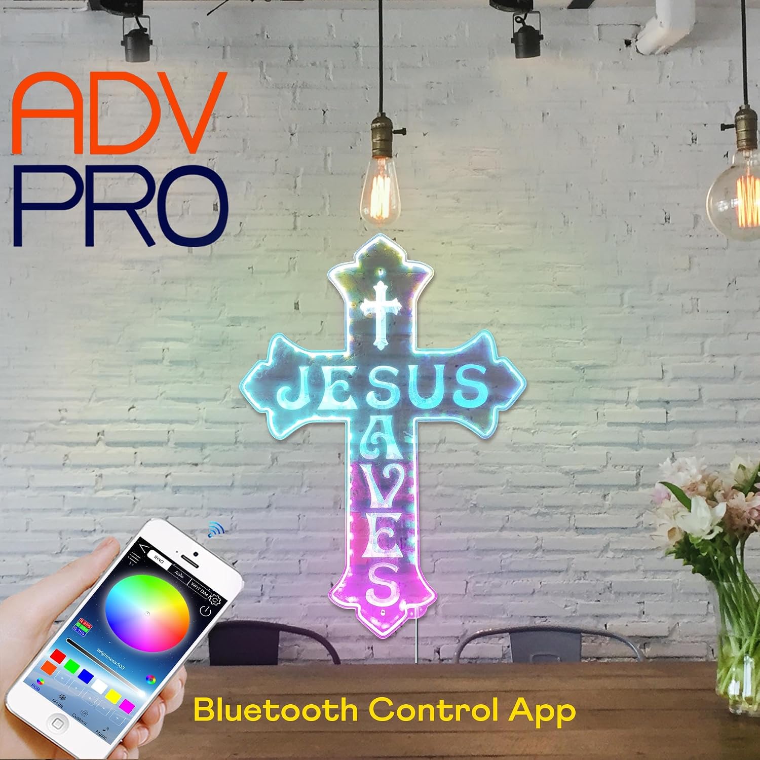 ADVPRO Cross Jesus Saves Room Decoration RGB Dynamic Glam LED Sign - Cut-to-Edge Shape - Smart 3D Decoration - Multicolor Signage st06s43-fnd-i0041-c
