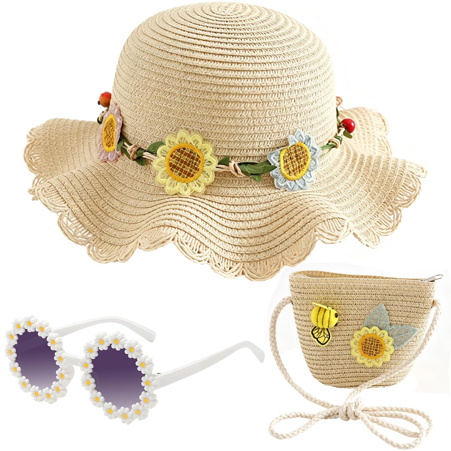 Girasoles Sombrero de Paja Niñas, Gorra de Sol Chica y Bolsa de Paja Set Gorro de Playa Gafas de Sols Playa de Verano Sombrero Mini Bolsa Cruzada de Pajas Sombreros para Viaje Beach Piscina(Beige)