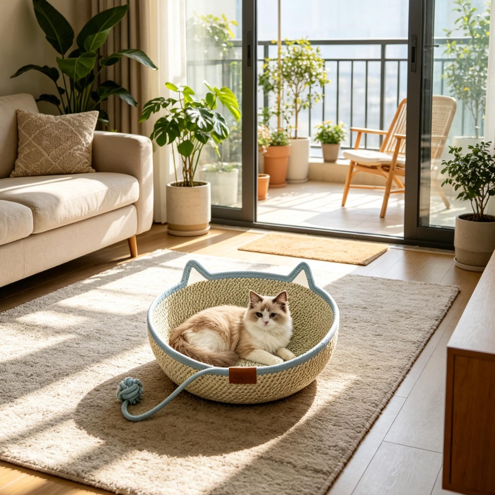 para Gato Cesta de Cuerda de Algodón Tejida a Mano con Cola de Juguete | Cama para gato pequeño para Todas las Estaciones Gatito Animal Viaje y Enriquecimiento para Mascotas