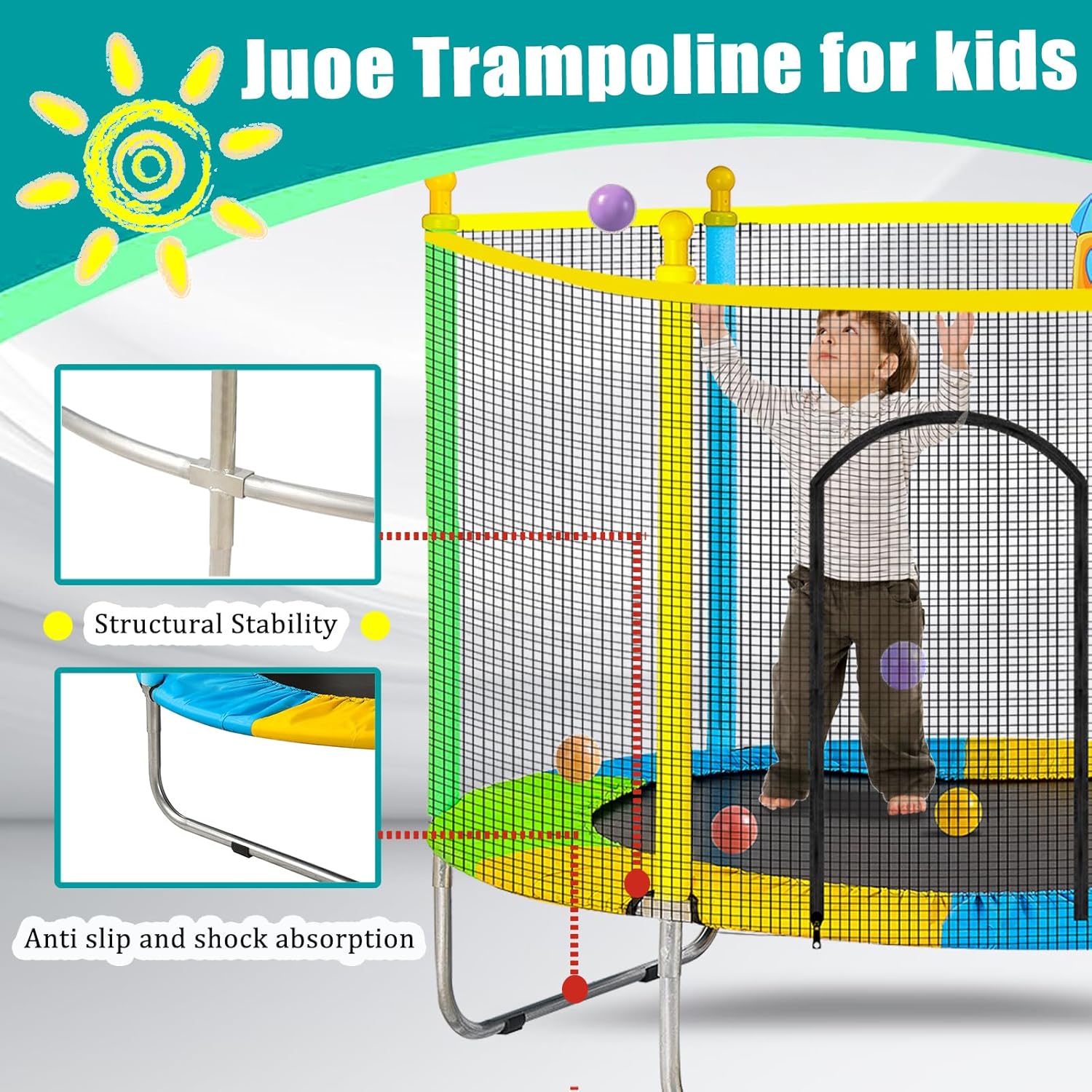 Juoe 55" Trampoline for Kids with Enclosure,Up to 440 Ibs Toddler Mini Trampoline with Net and Basketball Hoop,Indoor/Outdoor Toddler Trampoline for Kids,Gifts for Boys & Girls - Image 3