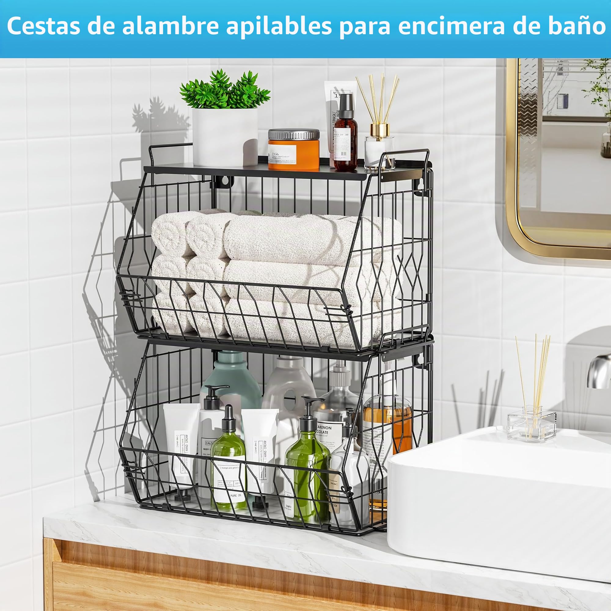 Ezprotekt Paquete de 2 cestas de frutas apilables con tapas de metal, cesta de frutas, cestas de frutas apilables montadas en la pared, cestas de patatas, almacenamiento de cebollas para cocina, cesta