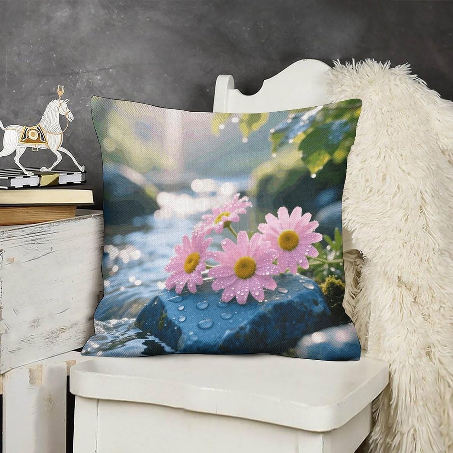 Pink Daisy Pillow Protectors Cute Waterproof Pillow Cover Soft Skin-Friendly Cushion Case Decorative Square Cushion Cover for Couch Sofa Bed Living Room Bedroom