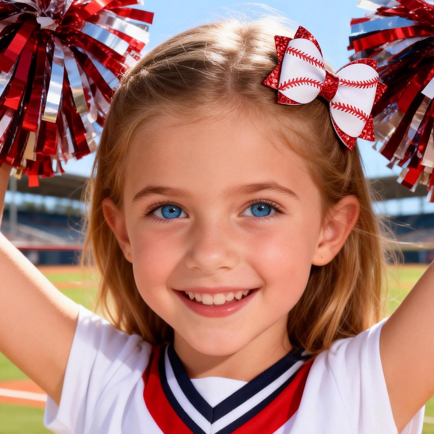 Baseball Hair Bow Clips for Girls, 2PCS Baseball Bow Alligator Clips with Red Glitter, Game Day Sports Hair Accessories for Toddlers Kids
