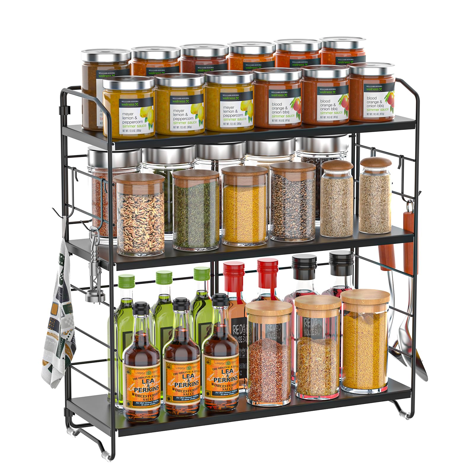 AHOMSEL Porta spezie in metallo a 3 ripiani, ripiani da cucina regolabili in altezza, porta spezie verticale, portaoggetti da banco per cucina, bagno e camera da letto, nero