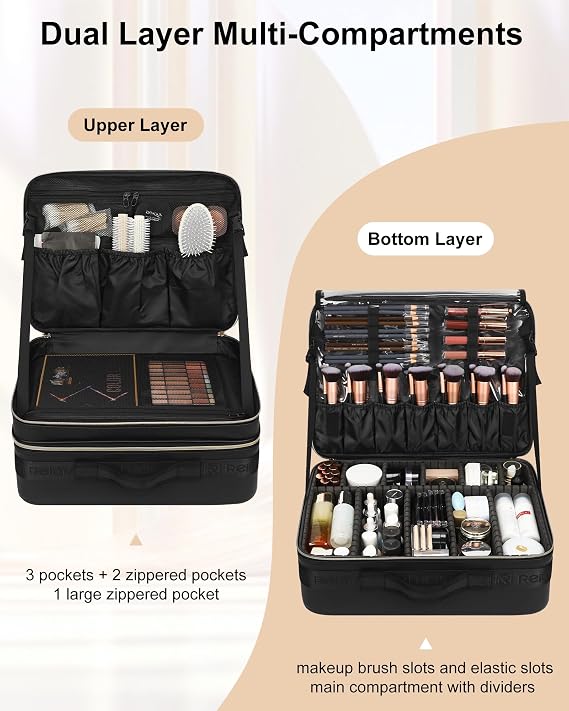 Relavel Extra Large Makeup Case Travel Makeup Bag Professional Leather Artist Bag Portable Cosmetic Brush Holder Organizer Nail Organizer Box with Adjustable Dividers