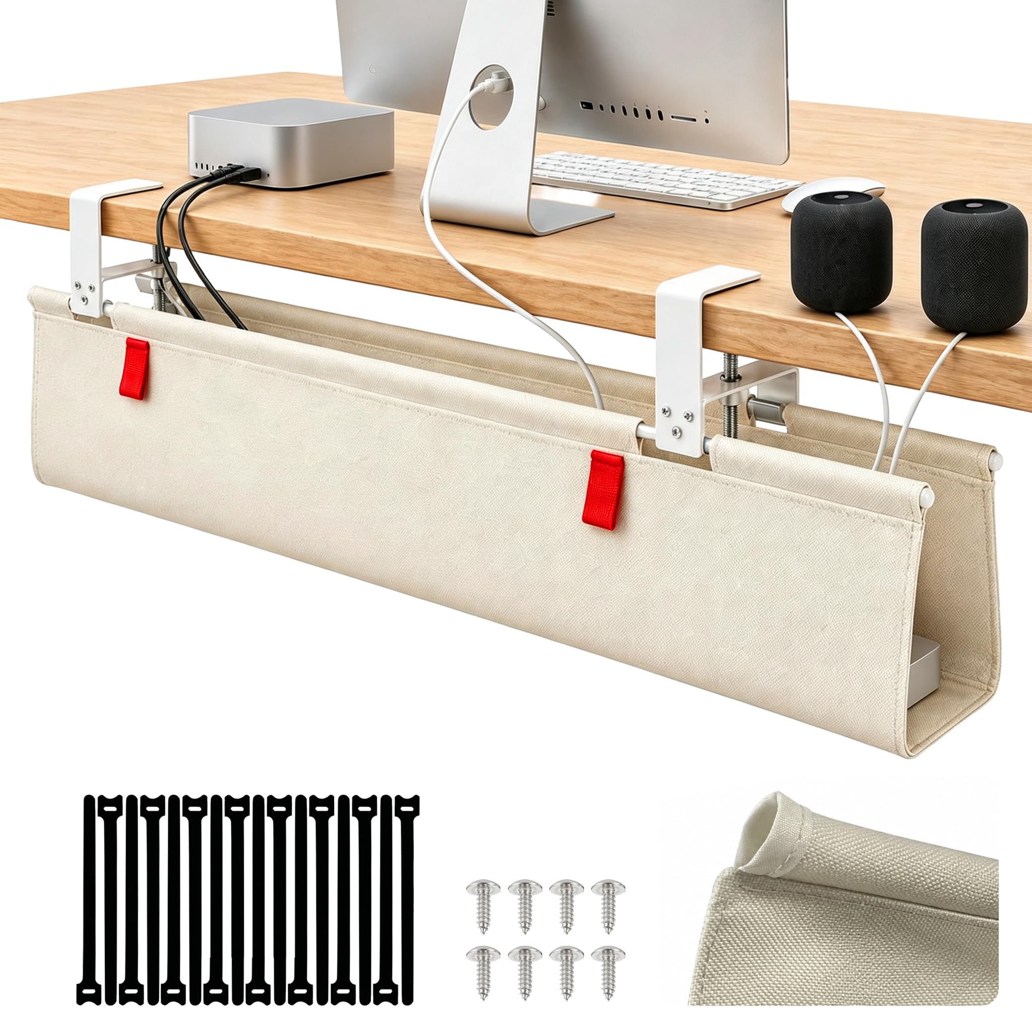 Organizador de cables debajo del escritorio, organizador de cables de 36 pulgadas, con almohadillas de silicona (sin arañazos), 16 bridas para cables, base de panal de polietileno lavable, se