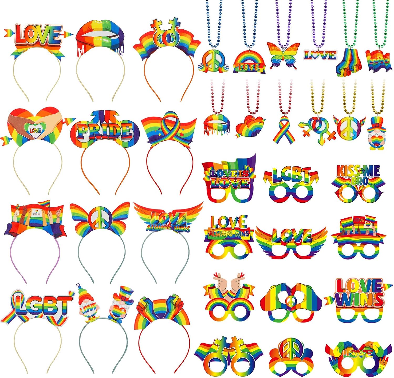 36 Pcs Pride Accessories Party Decorations Felt LGBT Gay Pride Eyeglasses Necklace Rainbow Love Headbands Photo Props Supplies for Women Man Photo Booth Celebration Decoration Party Favors