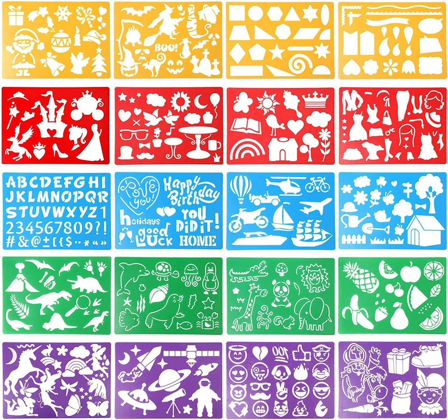 Drawing Stencils Set for Kids, 20 Assorted Stencils Letters Flowers Animals Stencil Childrens Crafts, Reusable Painting Stencils, Washable Craft/Random Colors Journal Stencil