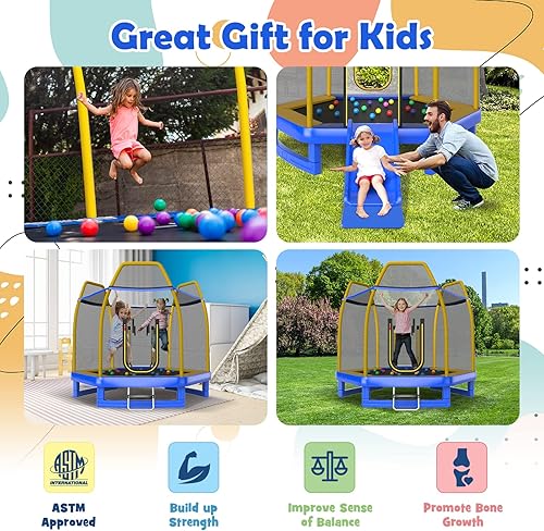 Miniatura 8 de GYMAX Trampolín para niños, cama elástica de 7 pies aprobada por ASTM con tobogán, escalera, pelotas y tapetes oceánicos, trampolín recreativo