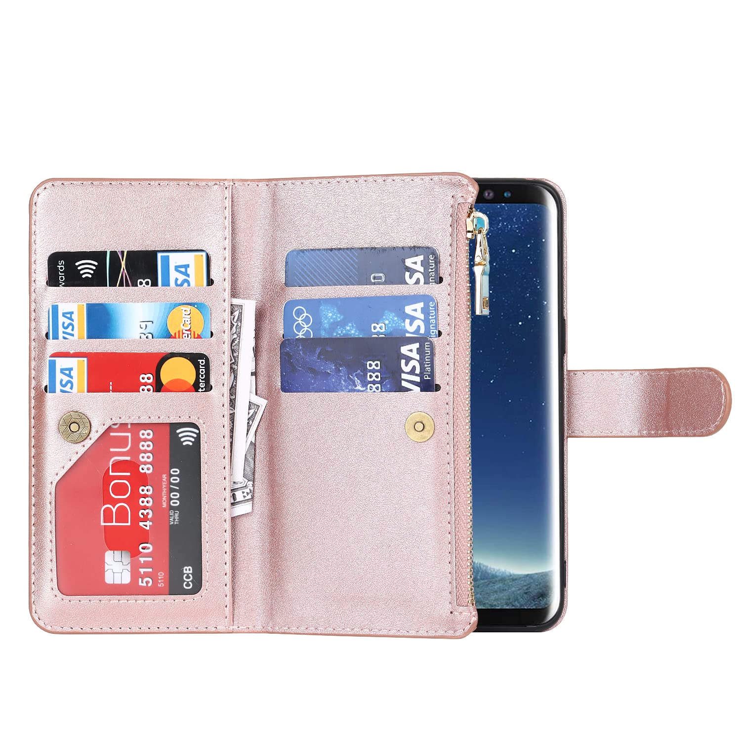 SailorTech Samsung Galaxy S9 Wallet Phone Case 9 Card Holder 1 Zipper Coin Wallet 2 Cash Slot Lanyard Flip Leather Cover Pink