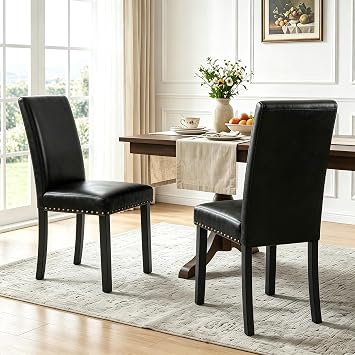 Dining Chairs Set of 2, Black PU Leather Kitchen Chairs with Nailhead Trim