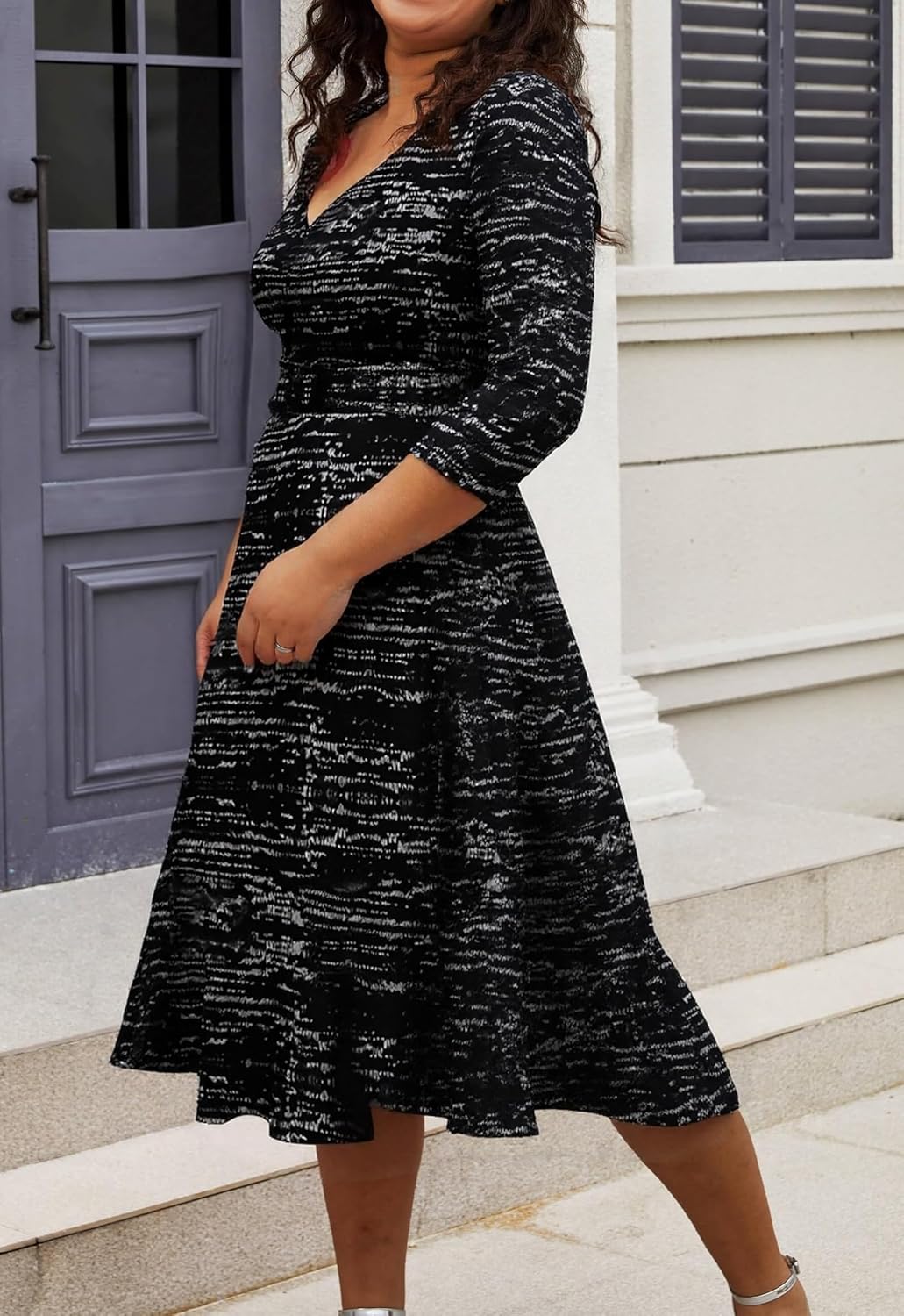 Womens Plus Size Dresses Faux Wrap Summer Dress 3/4 Sleeves V Neck 1950s Retro Vintage Wedding Party Midi Dress - Image 4