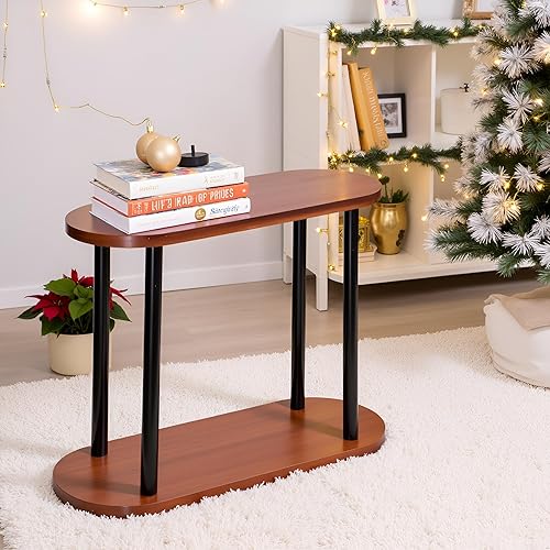 Miniatura 11 de SwallowLiving Mesa pequeña para bebidas, mesa auxiliar redonda de madera marrón, mesa auxiliar estrecha y moderna con soporte de pedestal para