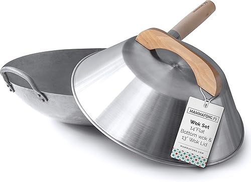 Mammafong Wok de fondo plano con tapa, juego de wok martillado a mano, wok de acero al carbono de 14" y cubierta