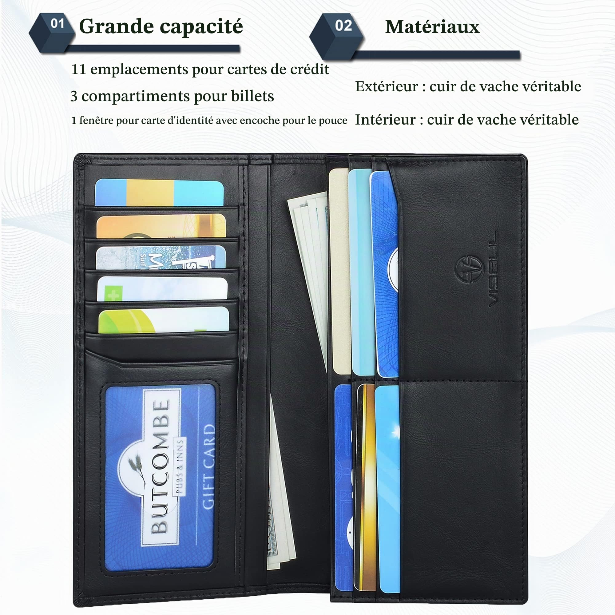 VISOUL Portefeuille Homme en Cuir Véritable, Portefeuille Long à Deux Volets en Cuir avec Blocage RFID, Porte Chéquier avec 3 Compartiment à Billets et 12 Emplacements pour Cartes (Noir)
