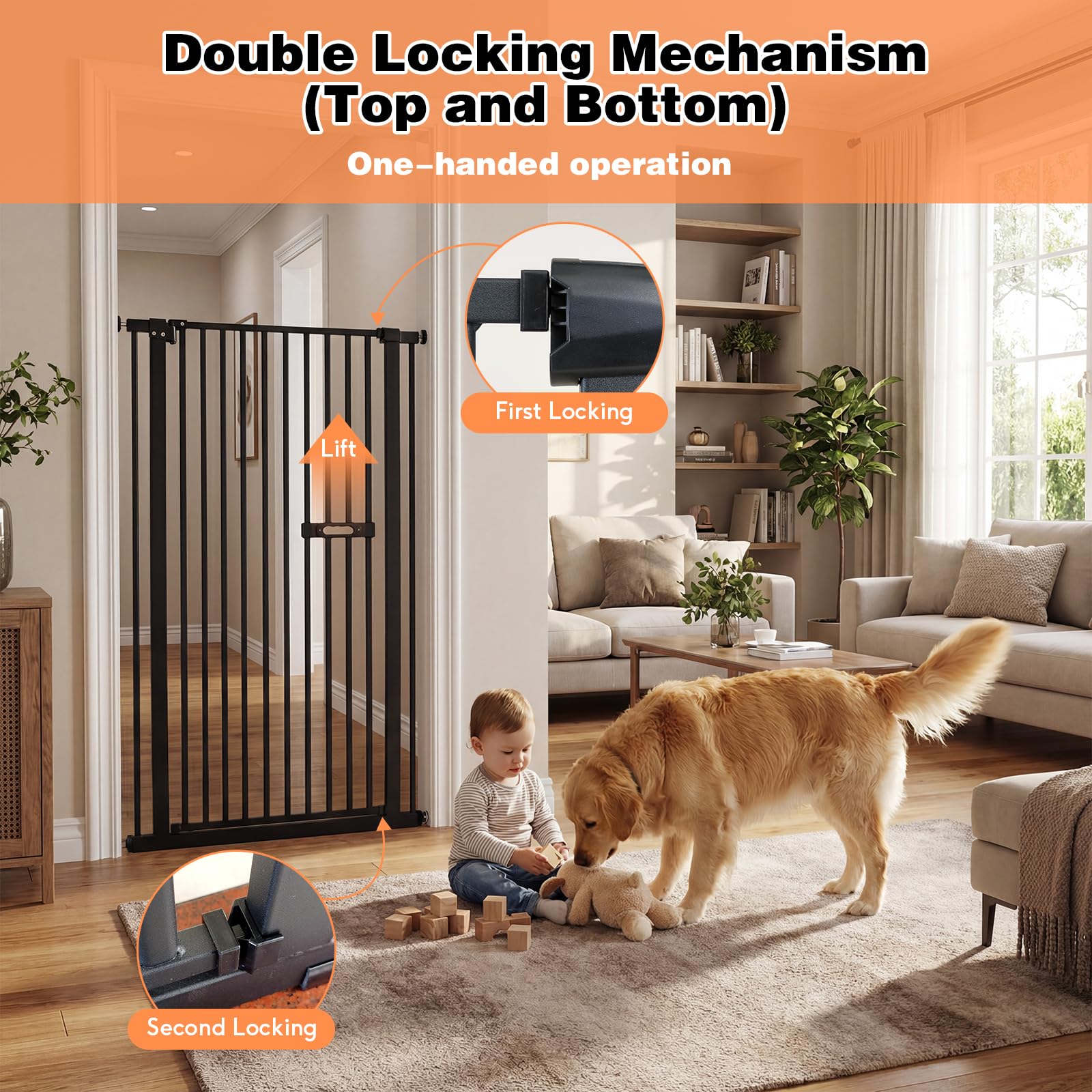Cancello extra alto per cani e gatti, Porta per Animali 150 cm, in metallo, larghezza 75-85 cm, porta a doppio effetto, chiusura automatica, senza foratura, Adatto per corridoi/salotti(nero