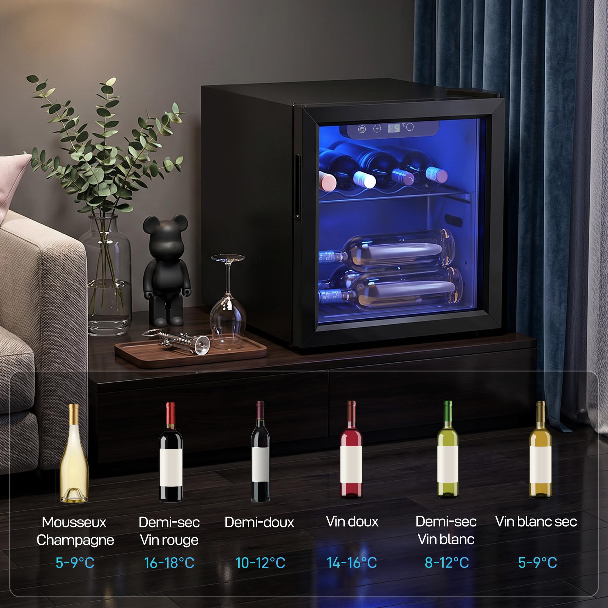 HOMCOM Cave à Vin 12 Bouteilles 36L, Réfrigérateur à Vin avec Température Réglable 4-16°C, Porte Réversible en Verre Trempé, Noir
