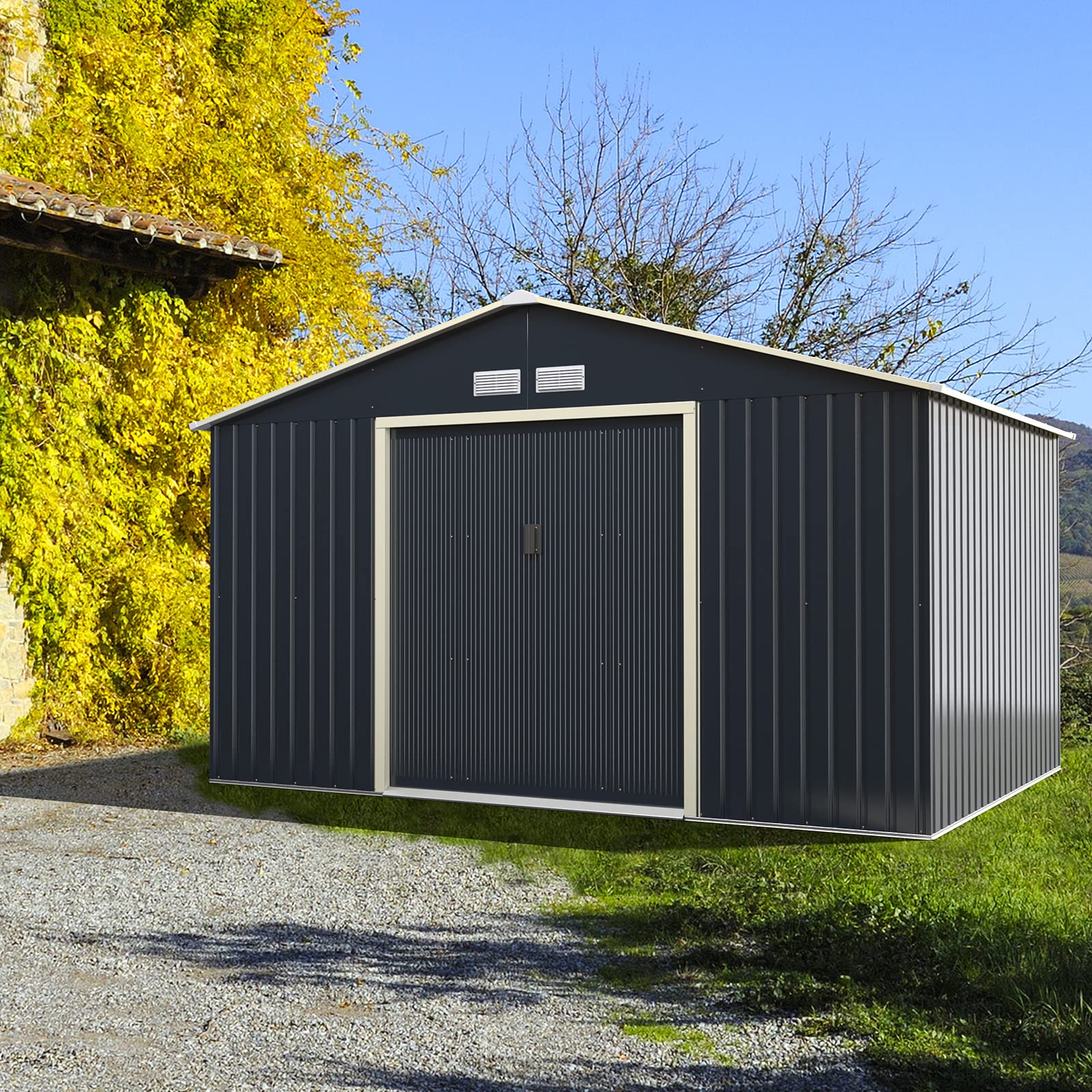 COSTWAY Gerätehaus Metall, 340x255x210 cm, Geräteschuppen abschließbar mit 4 Luftschlitzen & Schiebetür, Garten Schuppen für Rasenmäher Fahrräder, Metallschuppen Outdoor