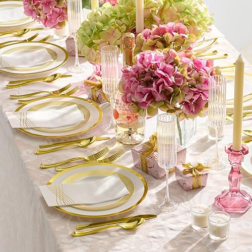 Miniatura 2 de By Madee Heavy Weight - Juego de platos y utensilios de plástico blanco y dorado de 175 piezas con servilletas similares al lino, elegante juego de