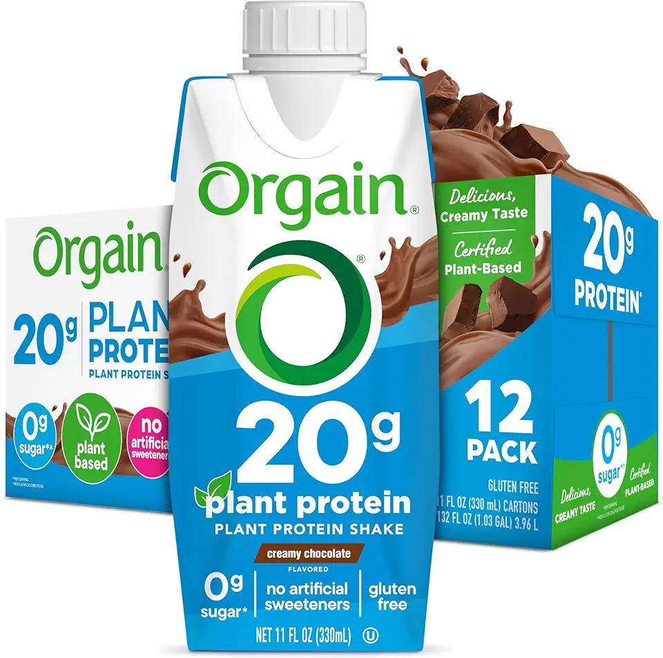 Orgain Organic Vegan Protein Shake, Creamy Chocolate - 20g Plant Based Protein, Ready to Drink, Fruits &amp; Vegetables, Gluten Free, Kosher, No Soy or Dairy Ingredients, 11 Fl Oz (Pack of 12)