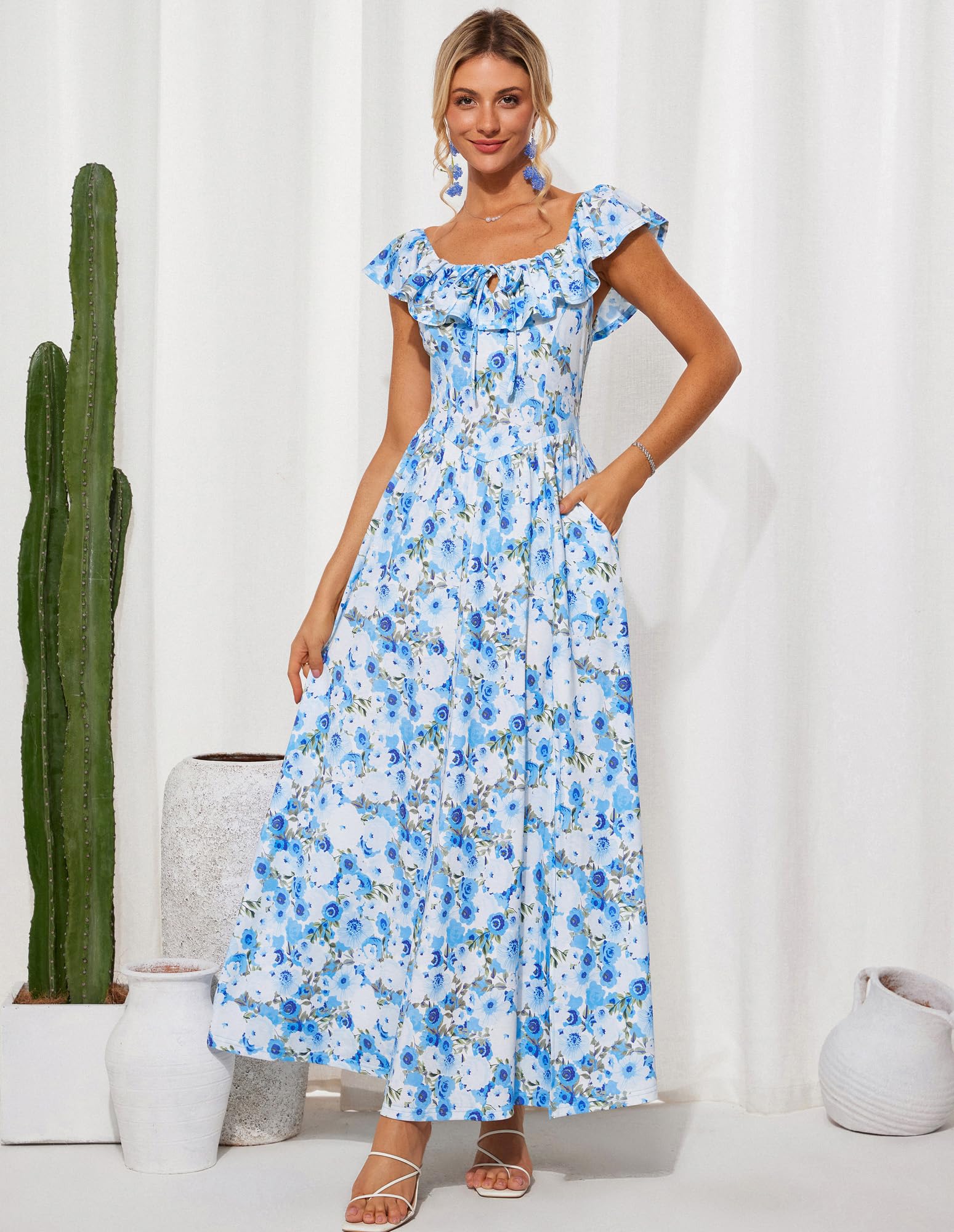GRACE KARIN Abito Estivo da Donna Lungo con Spalle Scoperte, Volant, Spacco, Boho, Floreale, Elegante, da Spiaggia, per invitati a Nozze, con Tasche