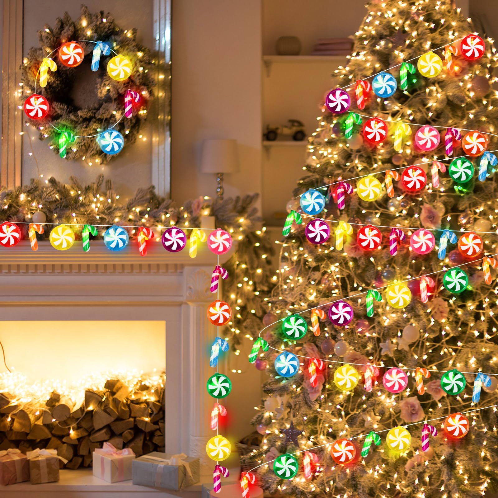 Gejoy 2 luci natalizie a forma di caramella da 3,5 m, 21 LED, a batteria, in 7 colori, simpatiche lampadine alla menta piperita, per interni ed esterni, compleanni, matrimoni, casa (lecca-lecca e