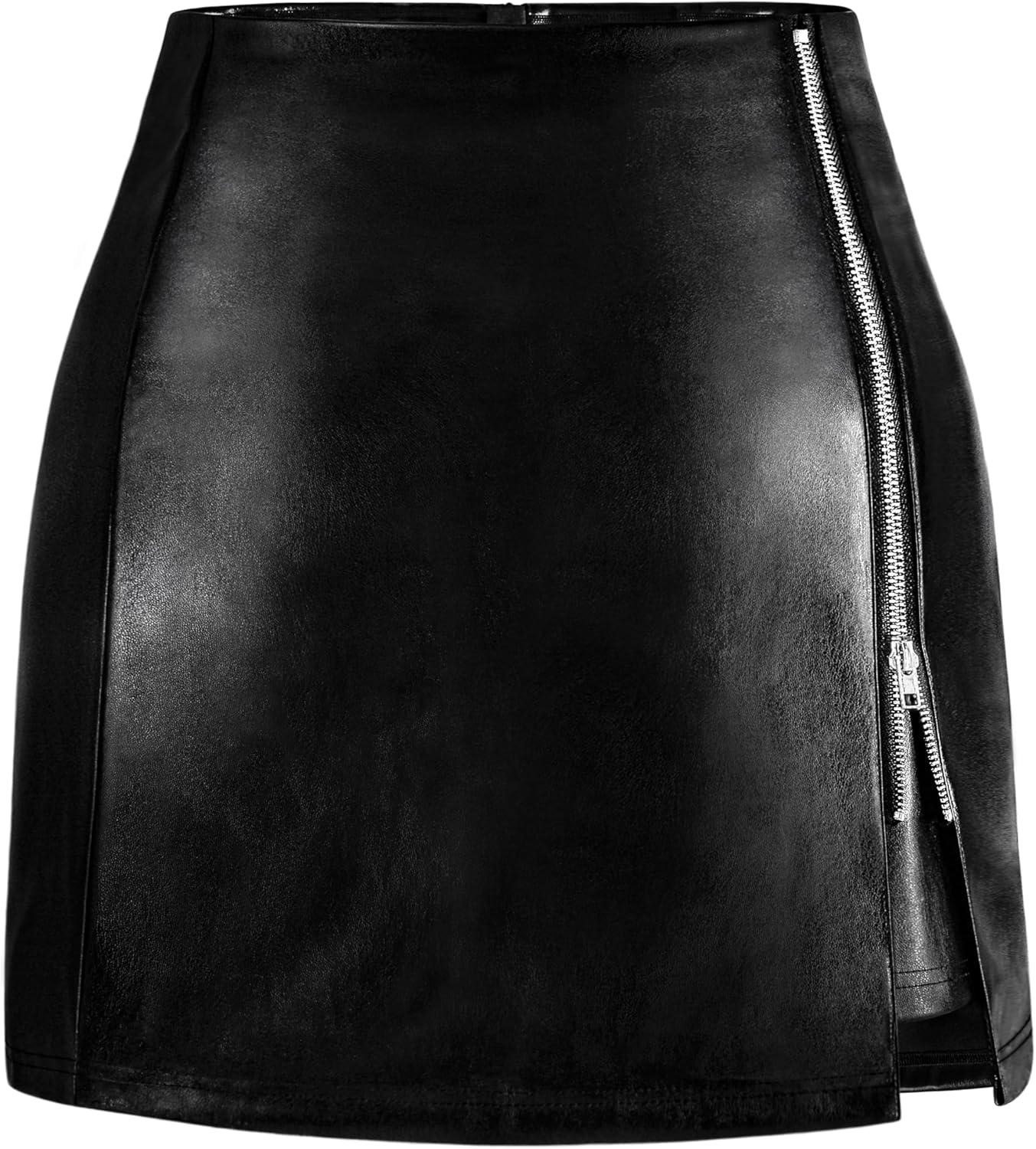 FLUFFY SENSE. Women's Leather Mini Skirt Stretchy High Waisted Zipper Slit Faux Pleather Bodycon Short Pencil Skirt
