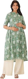 Janasya Women's Sage Green Pure Cotton Floral Printed A-line Maternity Kurta Price In India