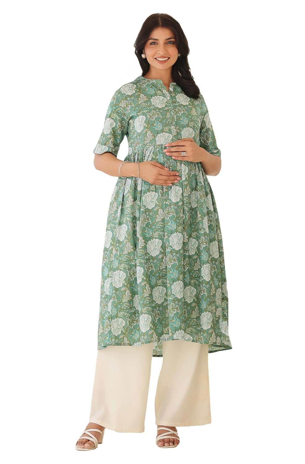 Janasya Women's Sage Green Pure Cotton Floral Printed A-line Maternity Kurta