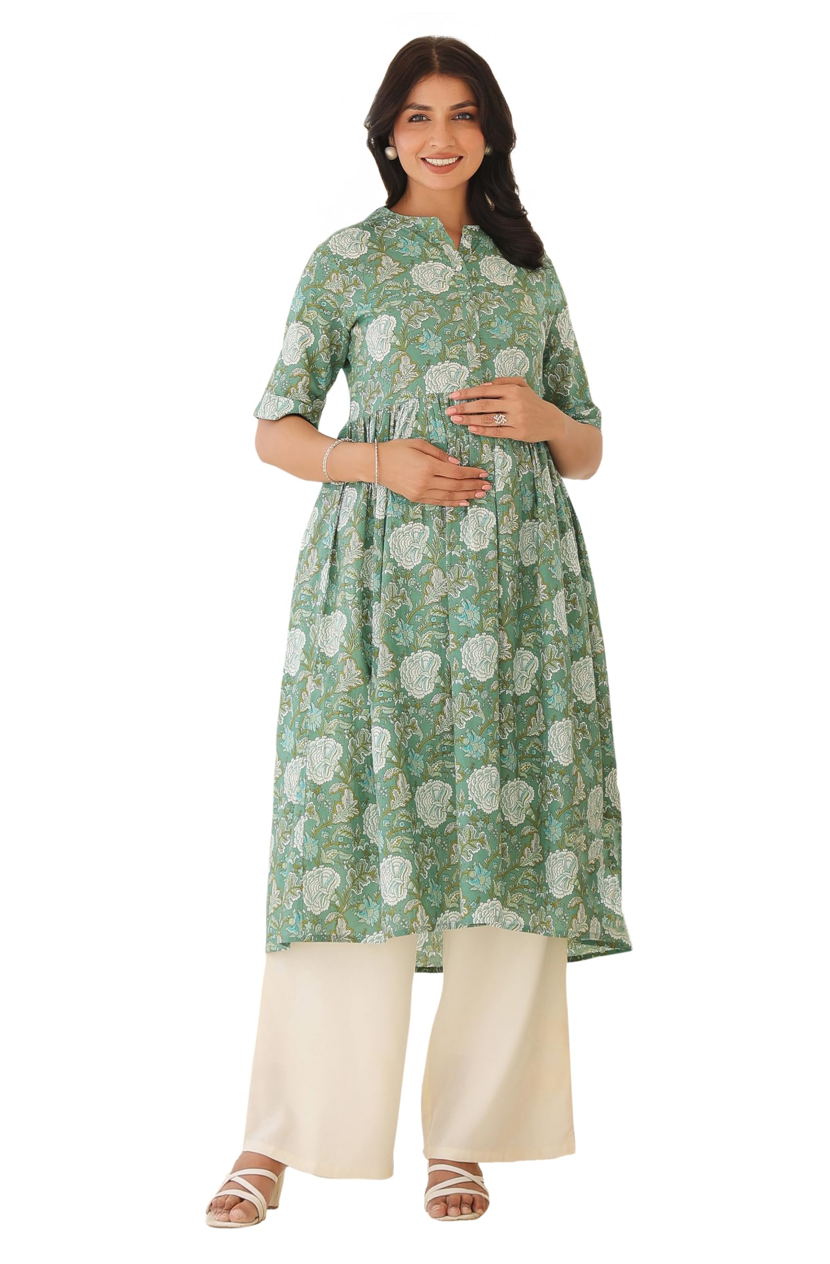 Women's Sage Green Pure Cotton Floral Printed A-line Maternity Kurta-image-22