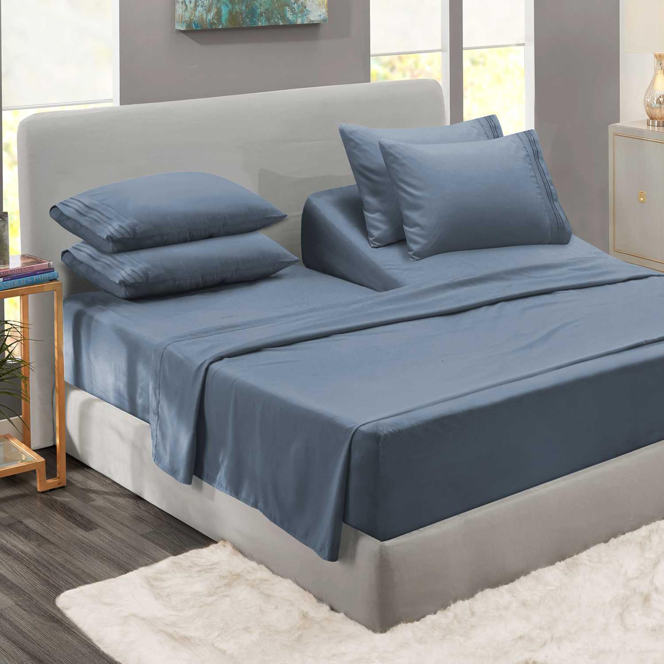 Clara Clark Flex Top King Sheets - Hotel Luxury 6 Piece Bed Sheets for Top Split King Bed - Soft Bedding Sheets & Pillowcases, Head Split King Size. Stone Blue Stone Blue Flex Top King