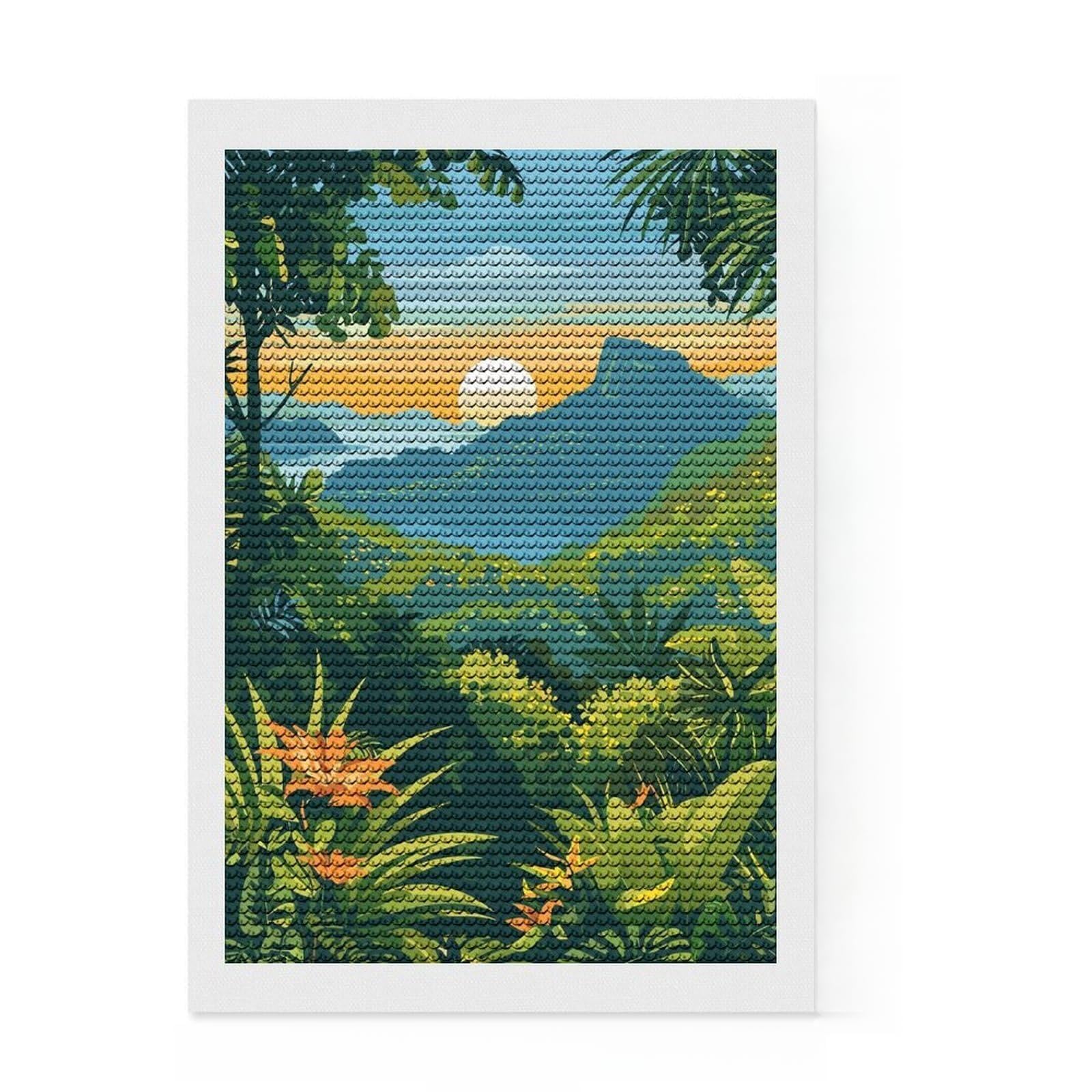 Junmoney Tropical Landscape with Mountain and Sunset Full Drill Diamond Painting Kit 8"x12", Office Decor, for Beginners, Full Kit Included, Christmas Gift