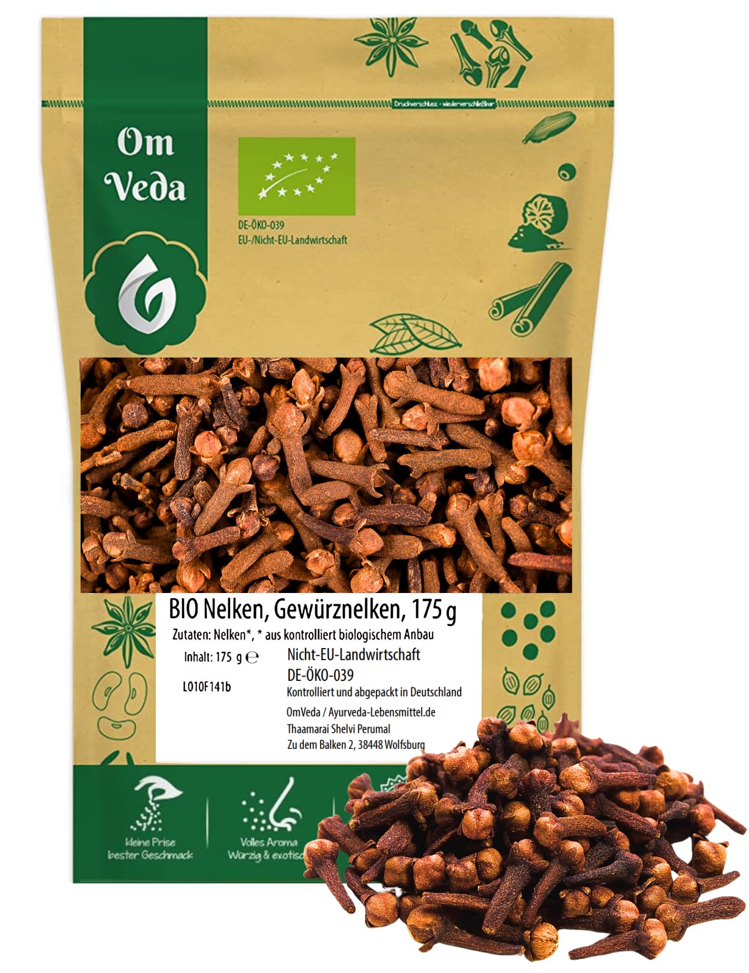 BIO Nelken Gewürznelken ganz | Nelken Gewürz Gewürze | Handverlesen Getrocknet | Kochen Backen | Organic Bio-Qualität DE-ÖKO-039 | Cloves Whole | OmVeda (175g)