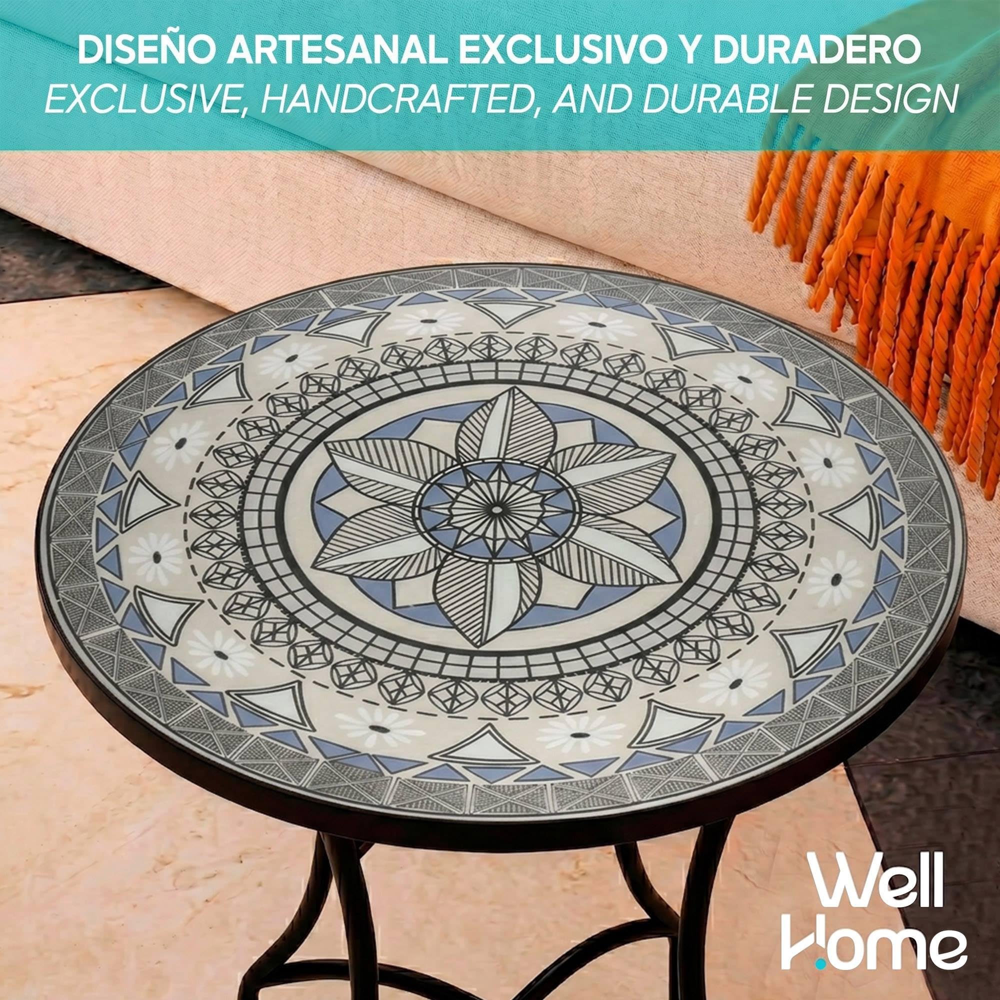 Mesa Auxiliar de Patio de Mosaico Redonda - Mesa de Café para Jardín y Terraza con Patas de Hierro Forjado Antióxido, Mesa Pequeña Decorativa para Exterior e Interior, Ø60x71, Modelo Santiago