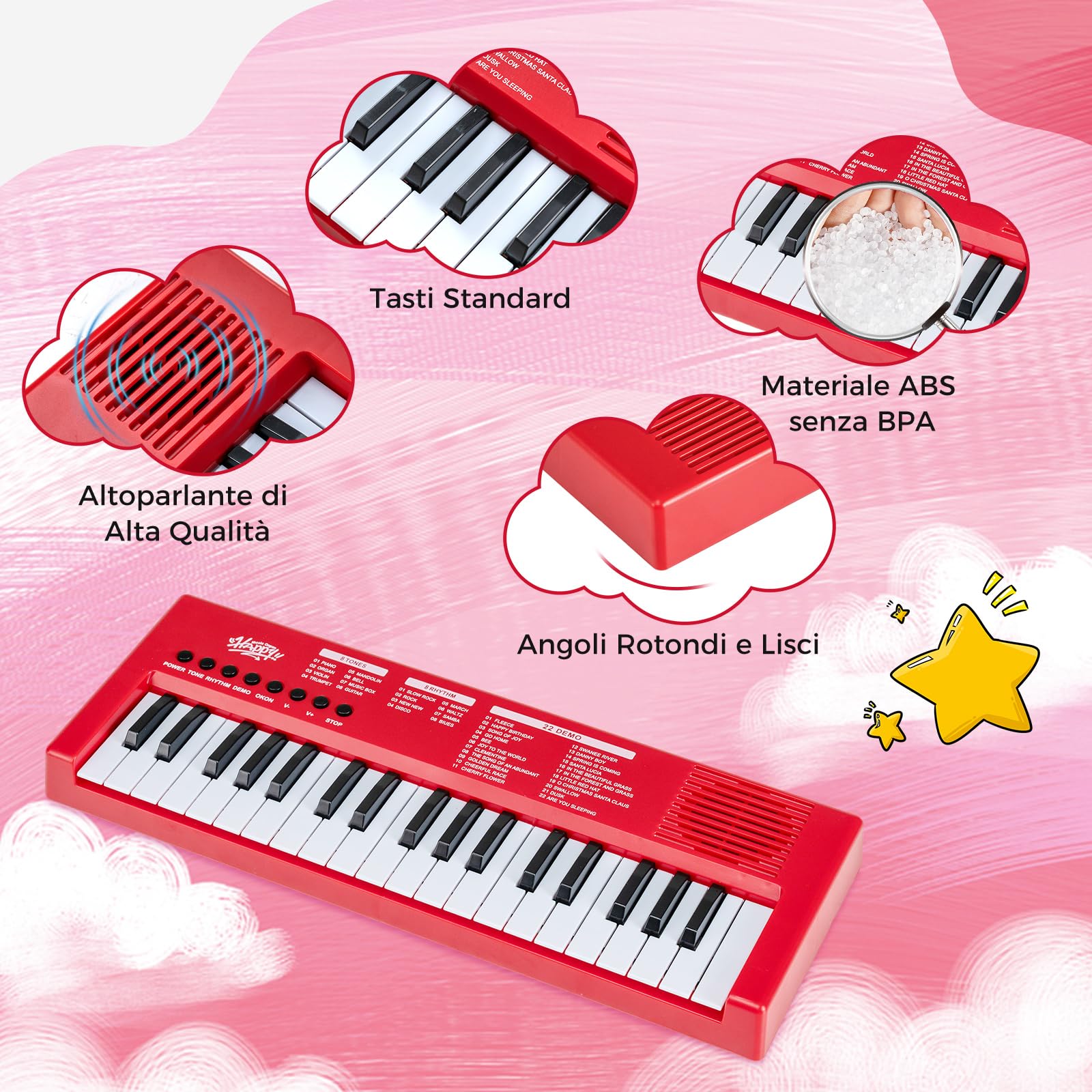 COSTWAY Pianoforte Digitale 37 Tasti per Bmabini 3+Anni (Rosso) | Pianola Portatile con 8 Ritmi, 8 Timbri e 22 Demo, Tastiera Musicale Educativo con Microfono e Cavo USB