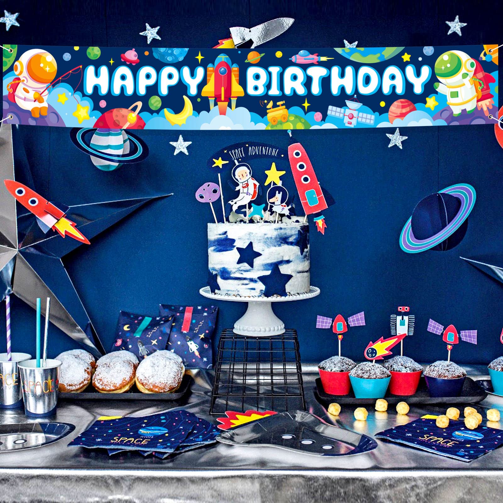 Galaxy Verjaardagsbanner 150x100 Cm – Ruimteachtergrond Met Sterren En 'Happy Birthday' Voor Een Kosmisch Feest
