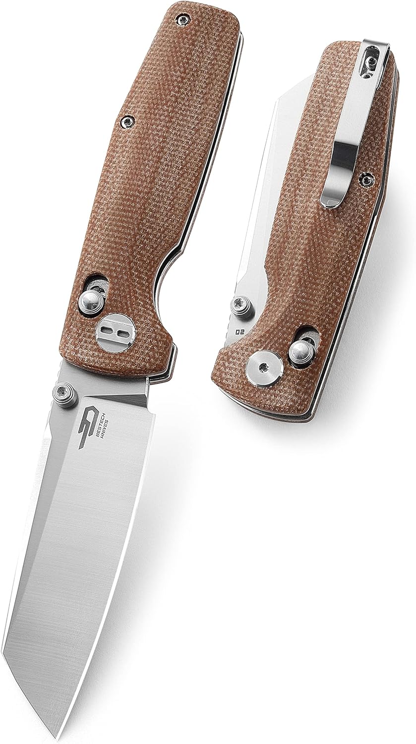 BESTECH KNIVES Pocket Folder Folding Knife: 3.07" D2 Steel Cleaver Stonewashed Blade, Micarta Scales, Thumbstud, B-Lock, EDC Steel Clip, BG43D (Natural)