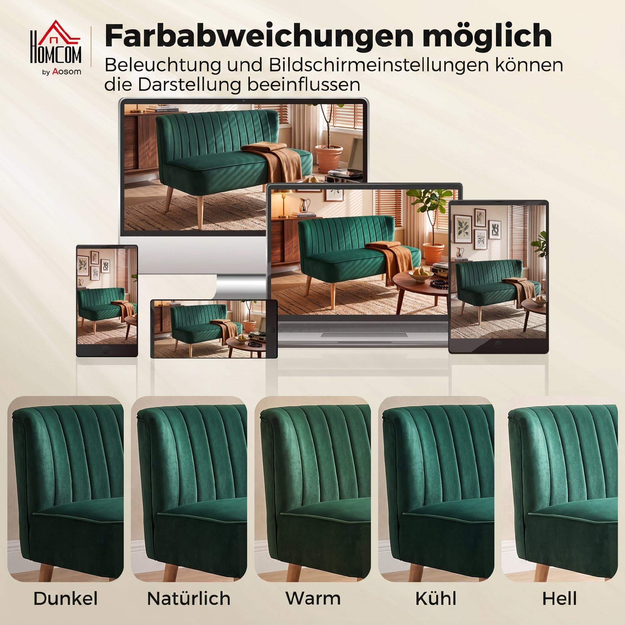 HOMCOM Sofa 2 Sitzer Couch, Kleine Loveseat mit Samt-Optik Modern Polstersofa für Wohnzimmer, Schlafzimmer, kleinen Raum, Dunkelgrün 117 x 56,5 x 77 cm